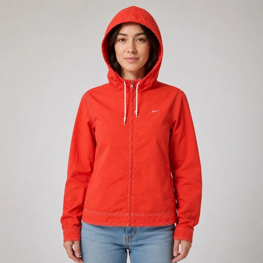 Nike Women's XS‎ Red Orange Hooded Windbreaker Jacket White Stitching